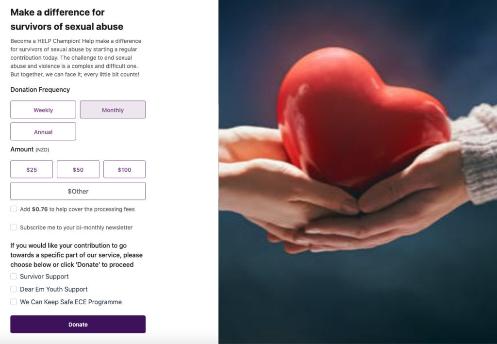 This is a screenshot of HELP Auckland's recurring giving donation form