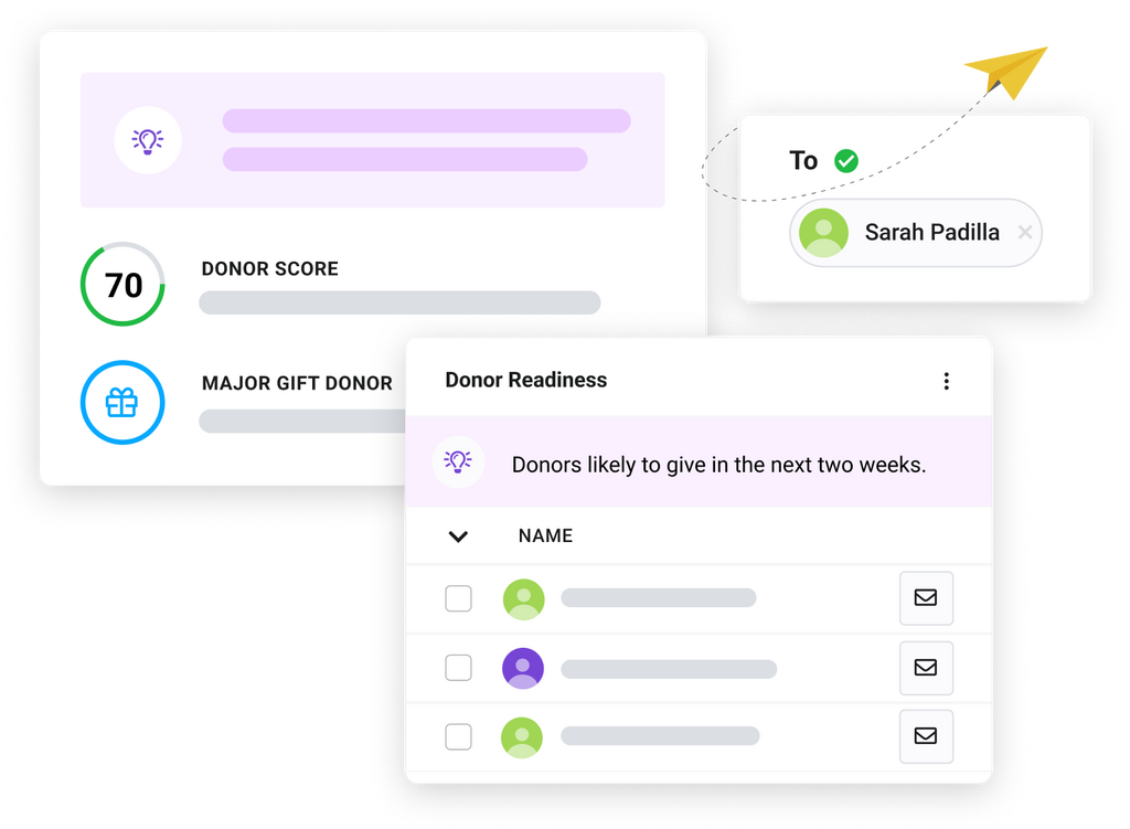 Sections of the Keela interface showing a segmented list, contact insights, and email communications to a contact