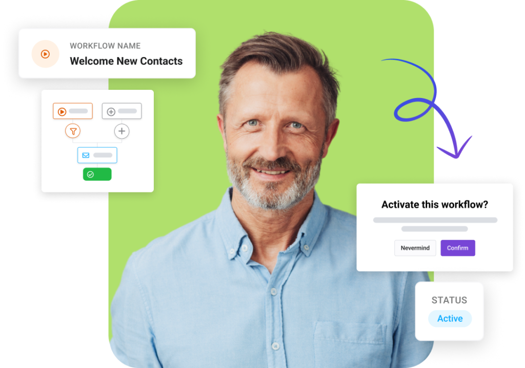 A man smiling along snapshots of the Keela Automation interface including a workflow, workflow status and workflow activation.