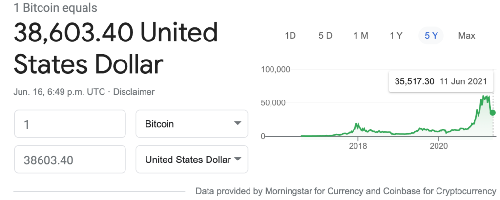 The trend of Bitcoin Value Over the Past 5 Years (as of June 11, 2021)