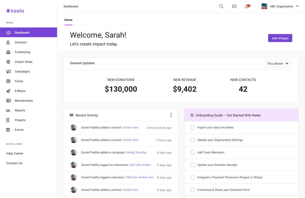 Dashboard of Keela, a nonprofit CRM