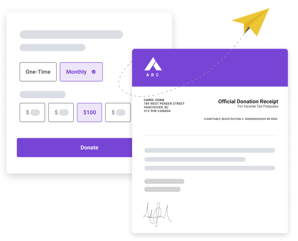 Example of a Keela form and a donation tax receipt