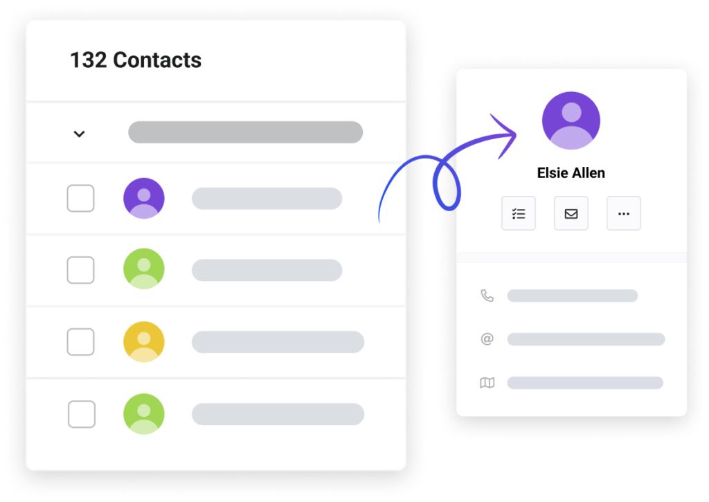 Contact database overview showing a list fo contacts and a contact's details