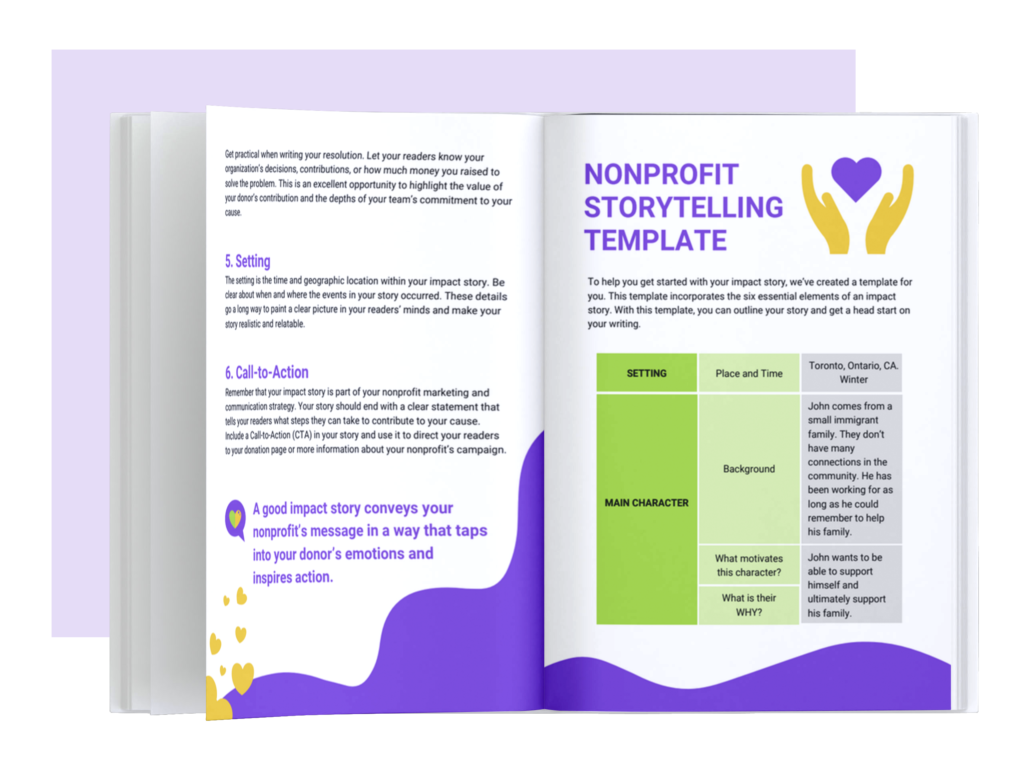 A mockup of the Impact Storytelling Toolkit showing a look inside at 2 pages