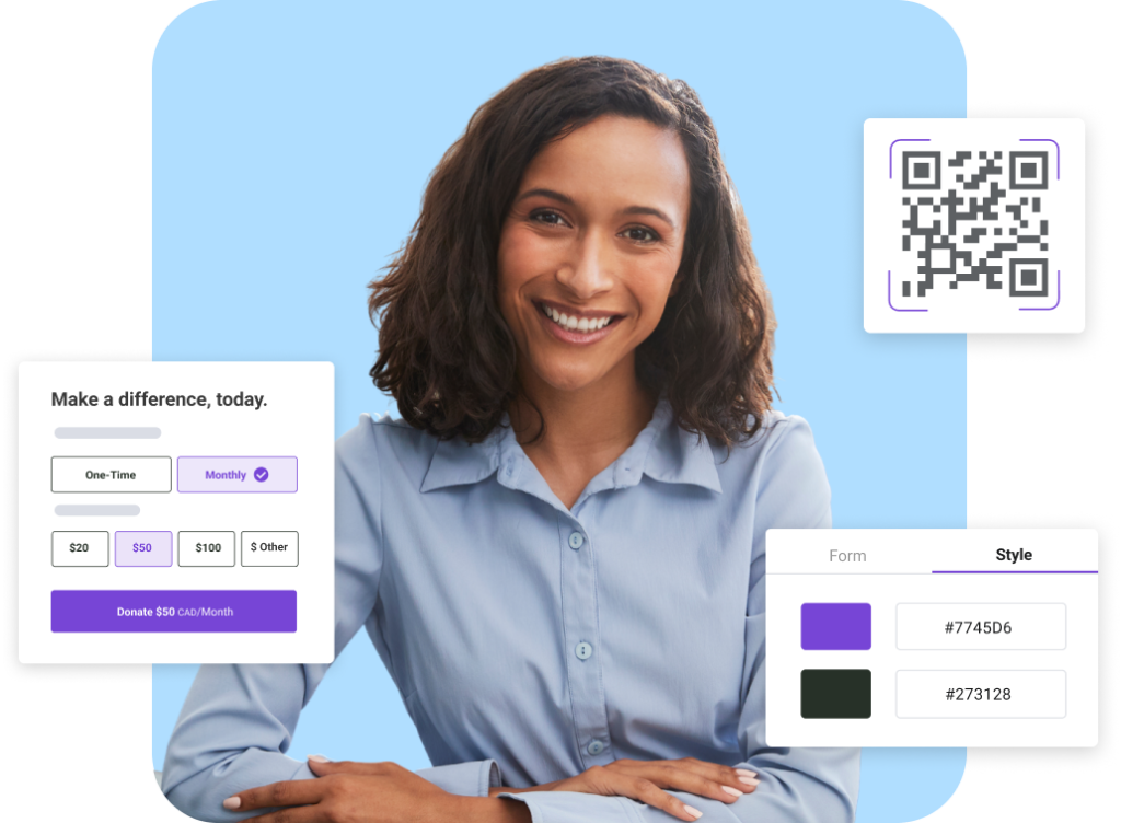 A woman smiling alongside snapshots of Keela Forms' tools including a QR code, style options, and donation form.