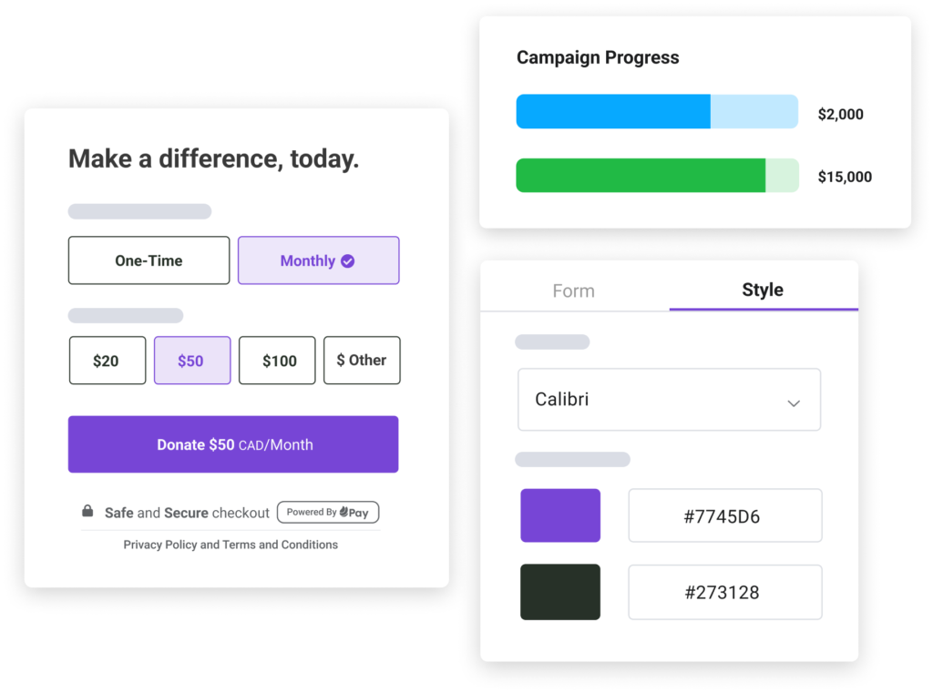 A Keela form, styling options, and campaign progress bars