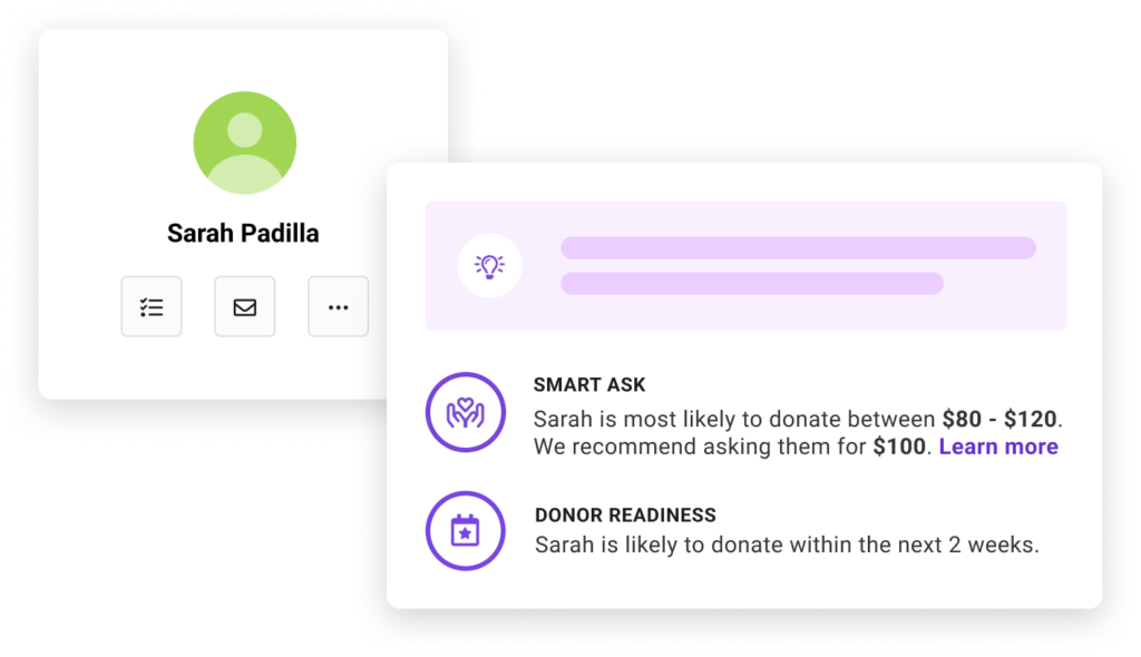 A contact profile with donor insights including smart ask and donor readiness 